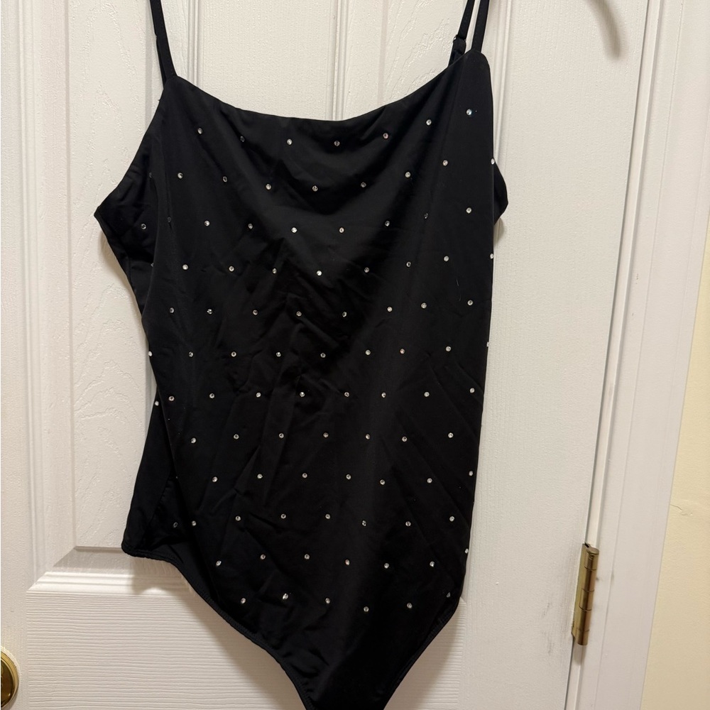 Black Studded Bodysuit Rhinestone Sparkly by Le Lis